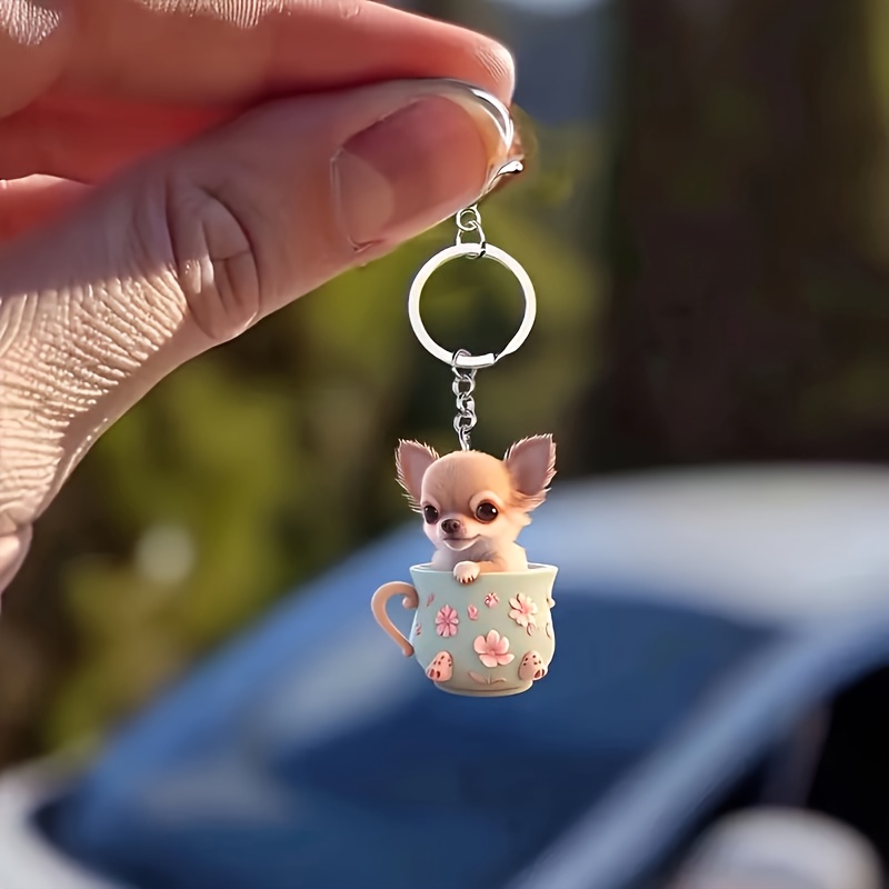 

Charming Chihuahua In Tea Cup Keychain - Durable Acrylic, Lightweight Puppy Charm For Bags & Backpacks, Perfect Gift For Dog Lovers