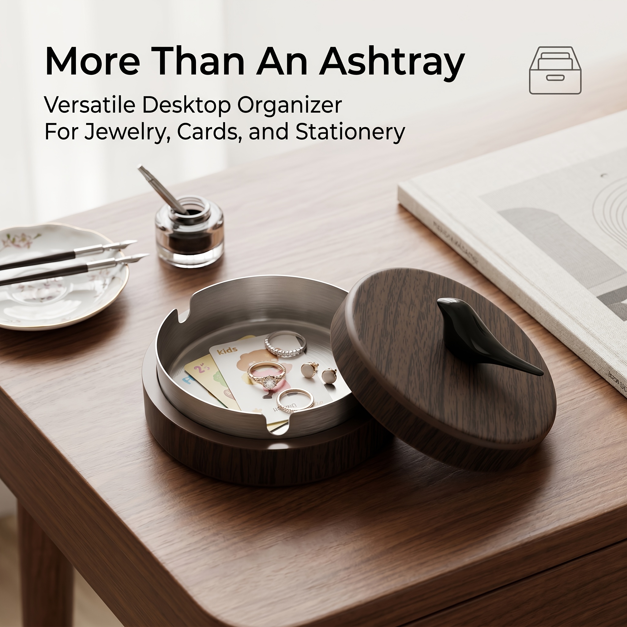 Bird-Shaped Ashtray with Lid, Windproof Ash Holder with Stainless Steel Liner, Easy-To-Clean Wood-Grain Ash Tray for Home Office