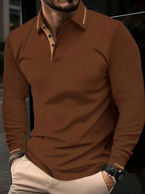 mens fashion long sleeve shirt casual golf wear stretch rib knit details
