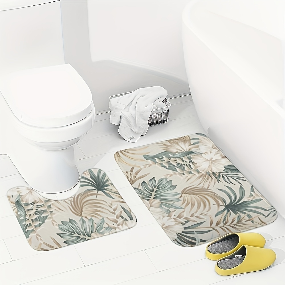 TEMU Ensemble de 2 tapis de bain avec hibiscus et feuilles , tapis antidérapant absorbant , comprend un tapis de toilette de U, lavable pour la