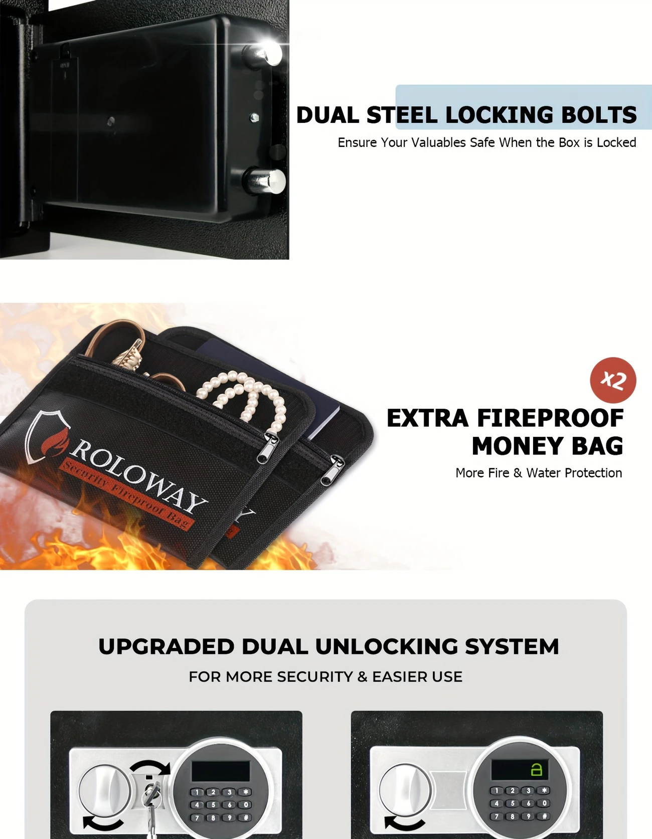 a heavy duty fireproof with a golden bag a safe with a password lock and key lock suitable for storing cash documents and black details 3