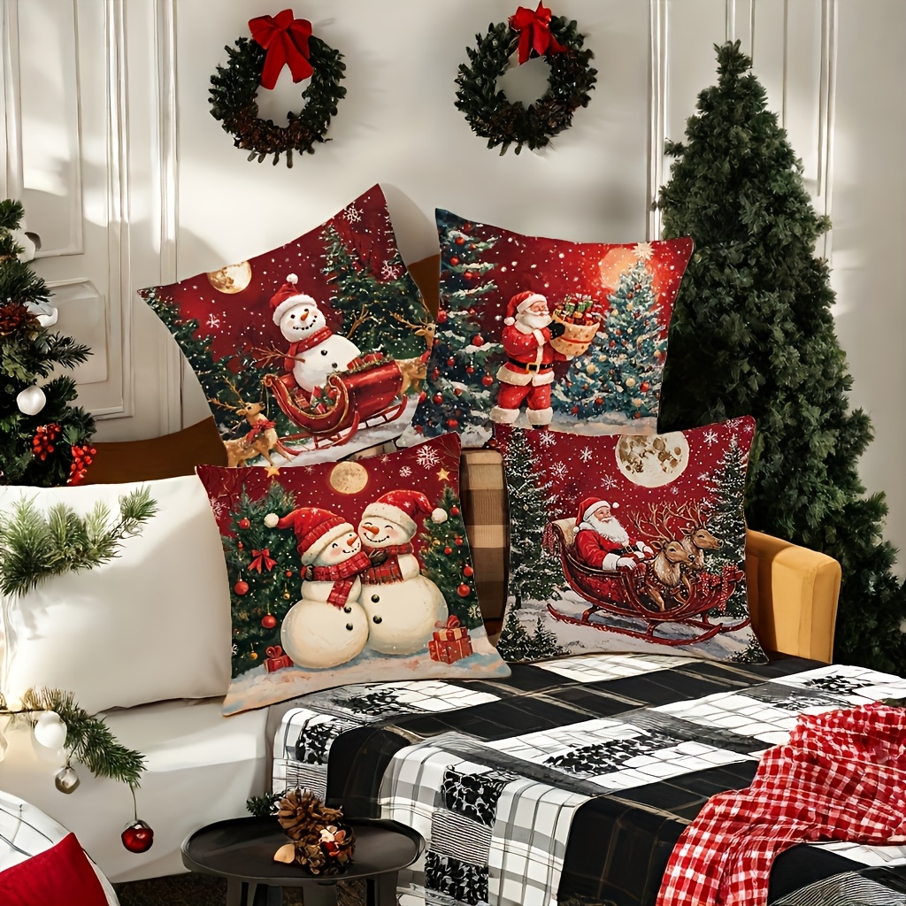 

Set Of 4 Christmas Throw Cushion Covers, Contemporary Style, Print, Machine Washable, Woven Polyester, With Zipper Closure For Living Room Sofa Decor With Inserts Not Included