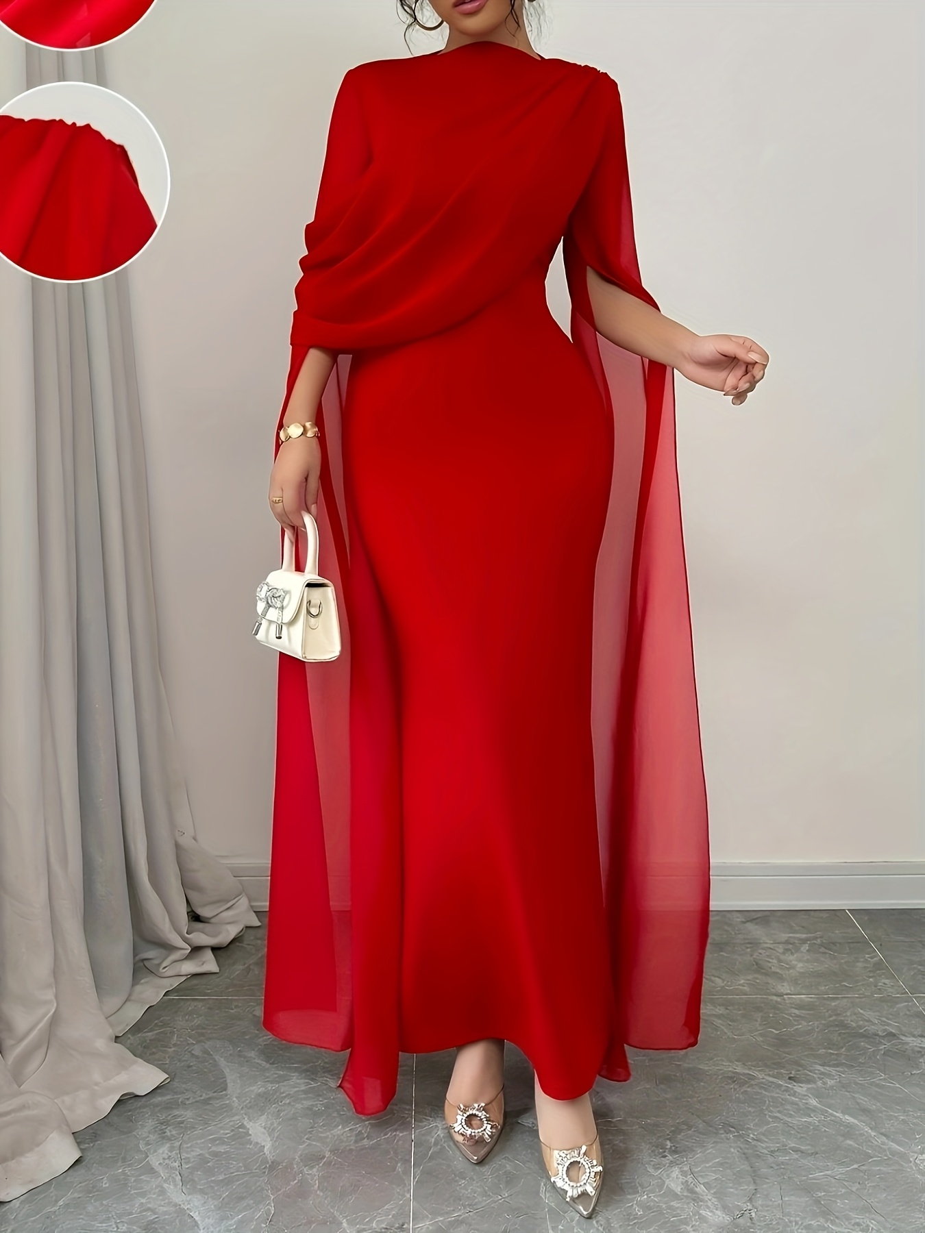 فستان أنيق أحمر بكتف واحدة وأكمام طويلة  مطاطي