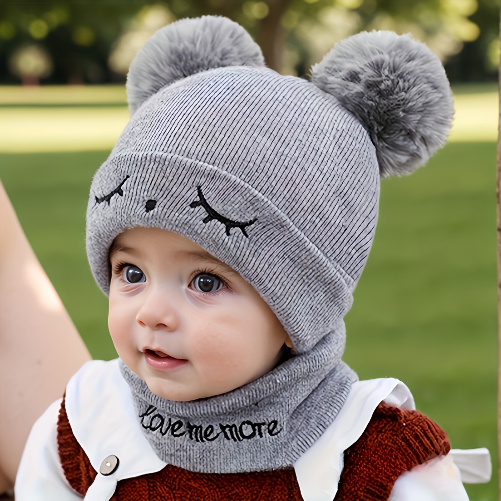 Image of 2pcs Cozy Knit Pom-pom Beanie Hats For - Hand Washable, Stretch Fabric With Alphabet Design, Perfect For Fall/winter & Birthdays, Ear Warmer Caps 0-3 Years