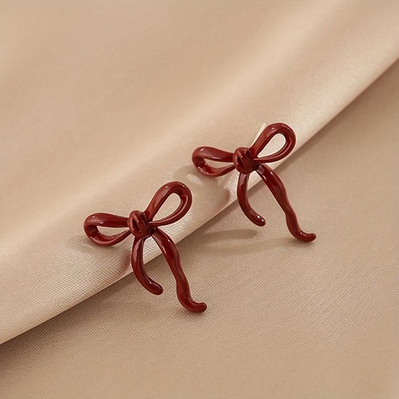 1 Pair Sweet Metallic Burgundy Bow Earrings Studs Suitable For Women's Party And Celebration Wear