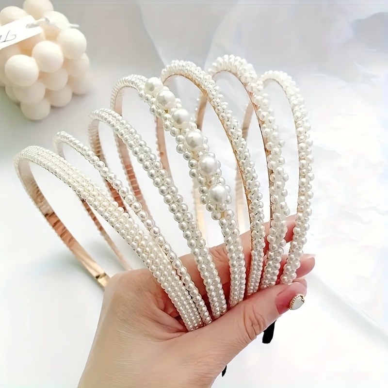 TEMU 7pcs Elegant Faux Pearl Headband Set - Chic & Simple Hair Accessories For Women,
