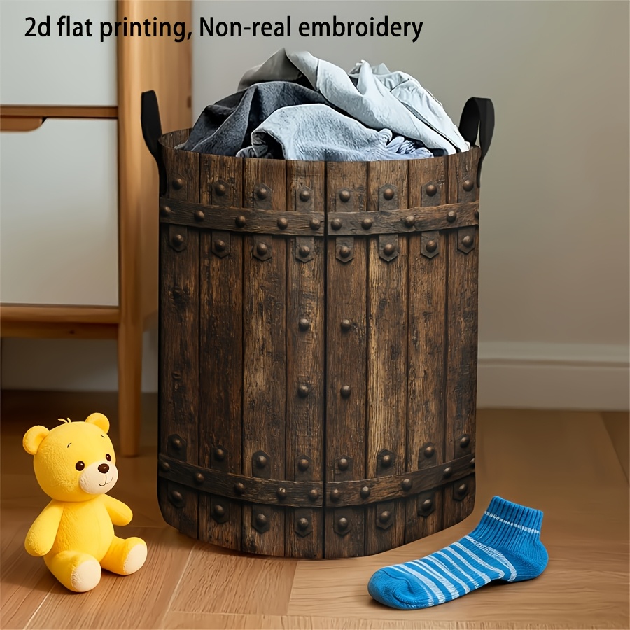 E-shop Extra Großer Retro Holzmaserung Wäschekorb mit Griff, Faltbarer Polyester Wäschekorb, Großes Fassungsvermögen Kleidung/Geschenk/Bettwäsche