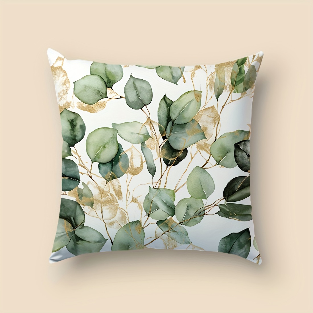 1pc 17.7x17.7 Inches Eucalyptus & Print Pillow Cover, Contemporary Style, Velvet Cushion Case For Car, Sofa, Bed, No Insert, Single-sided Print, Home Decor