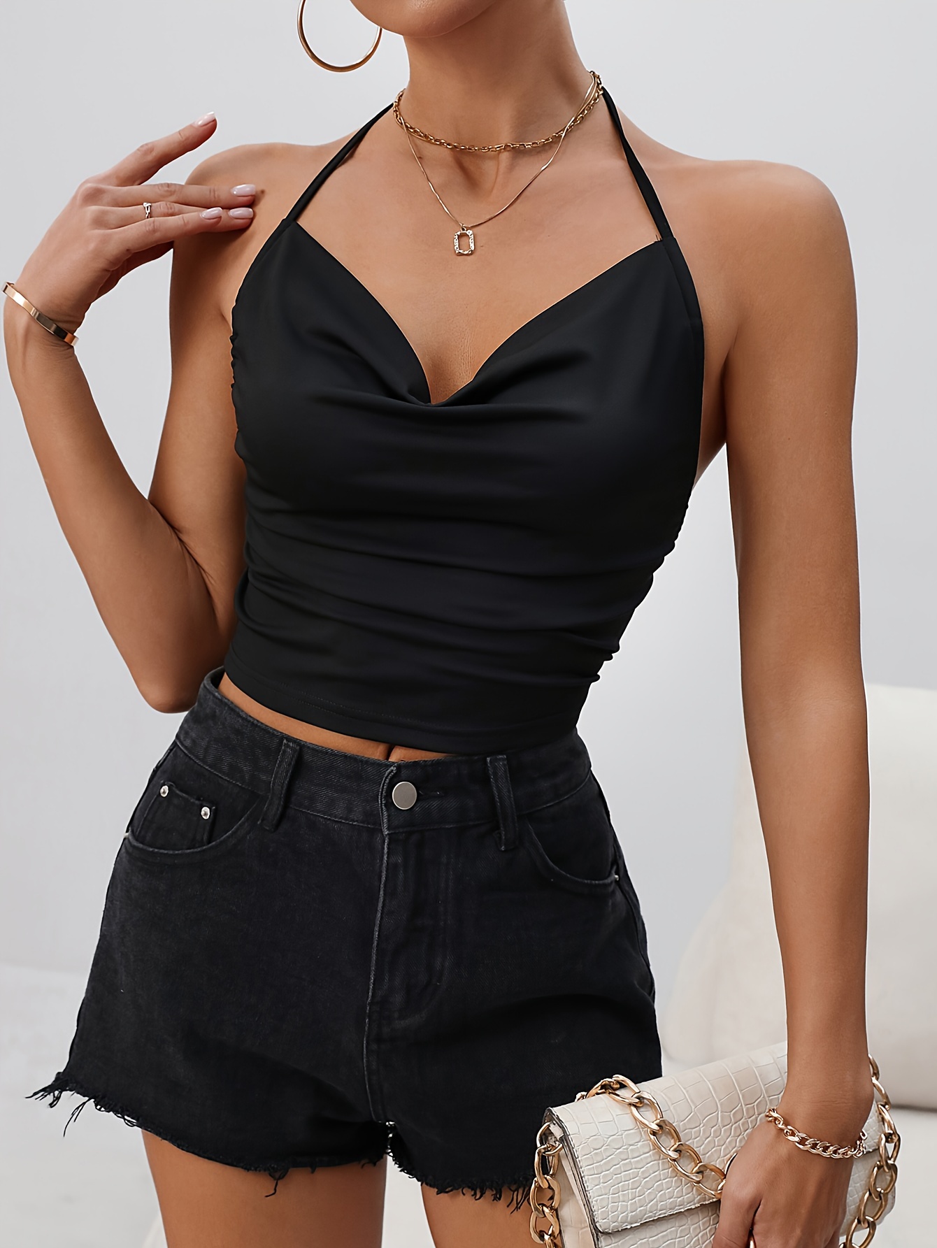 Solid Cowl Neck Tied Halter Top Casual Backless Ruched - Temu Canada