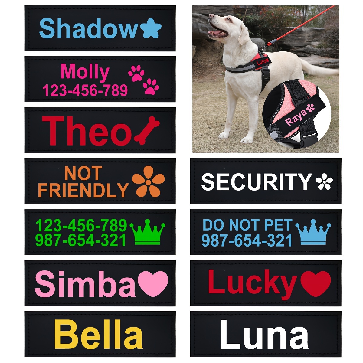 

Customizable 2-pack Polyester Dog Harness Patches With Personalized Pet Name & Information Icons - Hand Washable, Durable Attachments For Dog Harnesses & Collars