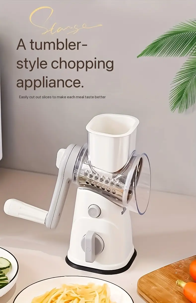 rotary cheese grater with handle kitchen speed hand crank vegetable slicer potato brown spinning nut grinder with 3 replaceable stainless steel drum blades white details 0