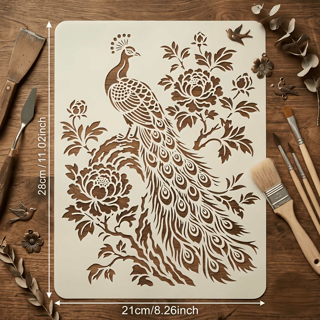 TEMU Peacock And Peony Branches Floral Hollow Hand-drawn Template, Reusable Pet Material Hand-spray Template, Elegant Standing Peacock, Long Tail