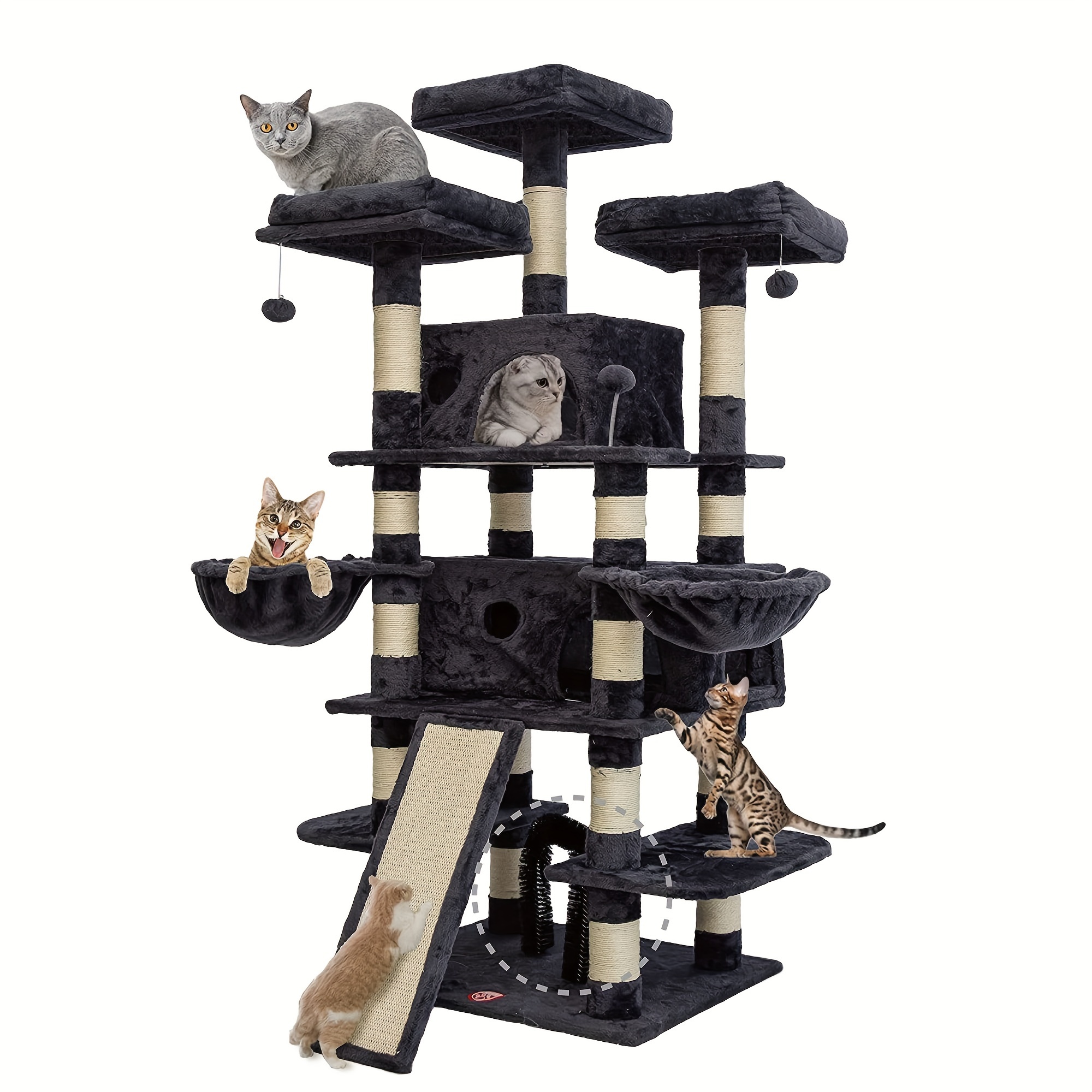 68 inches   level cat tree tall multi cats tower with 2 big cat condo cat hair brush large cat tree with 3 plush perches scratching posts for kittens smokey grey details 2