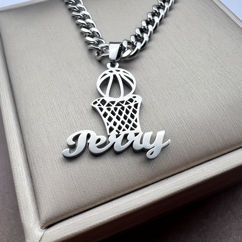 

Custom Basketball Pendant Stainless Steel Necklace With Personalized English Name, Sporty Style, Non-plated