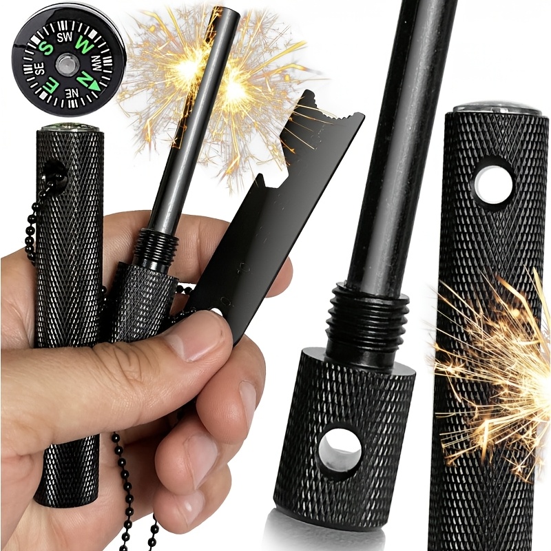 New Fire Starter With Compass| Multifunctional Survival Flint, Compact Magnesium Fire Starter For Camping Hiking Emergency, Camping Fire Starting Survival Tool, Without Battery