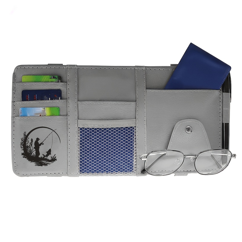 TEMU 1pc Black Circle Fishing Black/grey Zippered Car Sun Visor Storage Bag Pu Leather Multi Sun Visor Storage Bag Can Store Fashion Glasses Cards