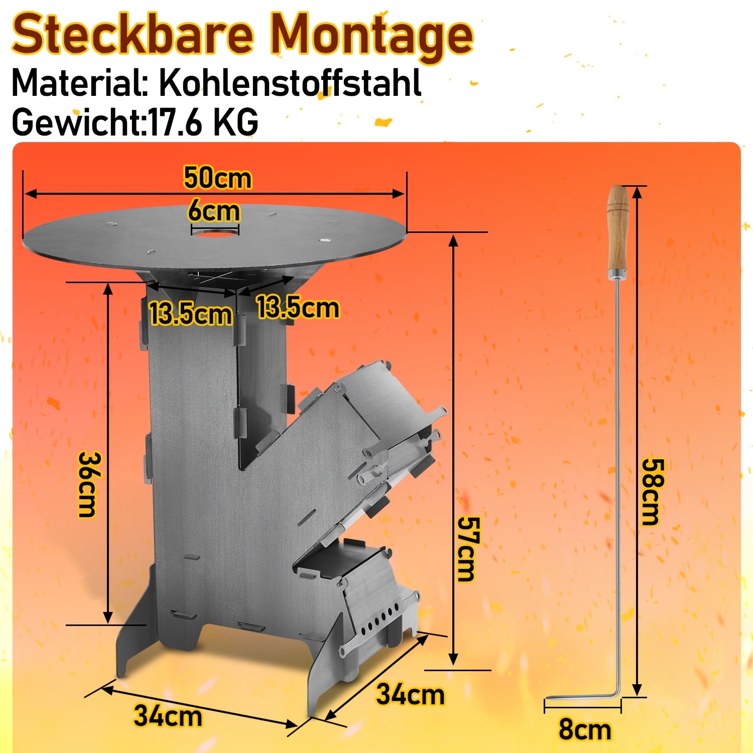TEMU Multifunctional Rocket Stove, Including Baking Tray And Fire Hook, Camping Cookware | 3mm Steel, Compact Interlocking Design | Efficient Chimney