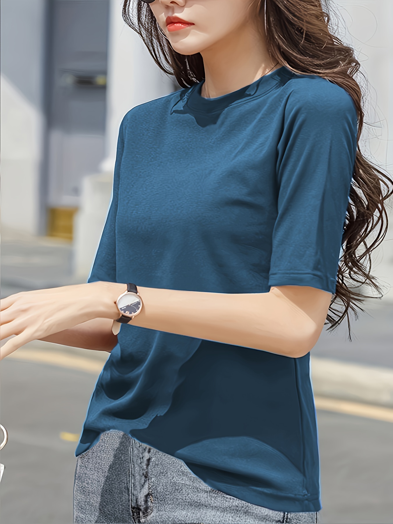 Women'S Elegant Solid Color Crew Neck T-Shirt, Short Sleeve Casual Summer Top, Lightweight Polyester Fabric, Regular Length, No Stretch, for Casual Attire