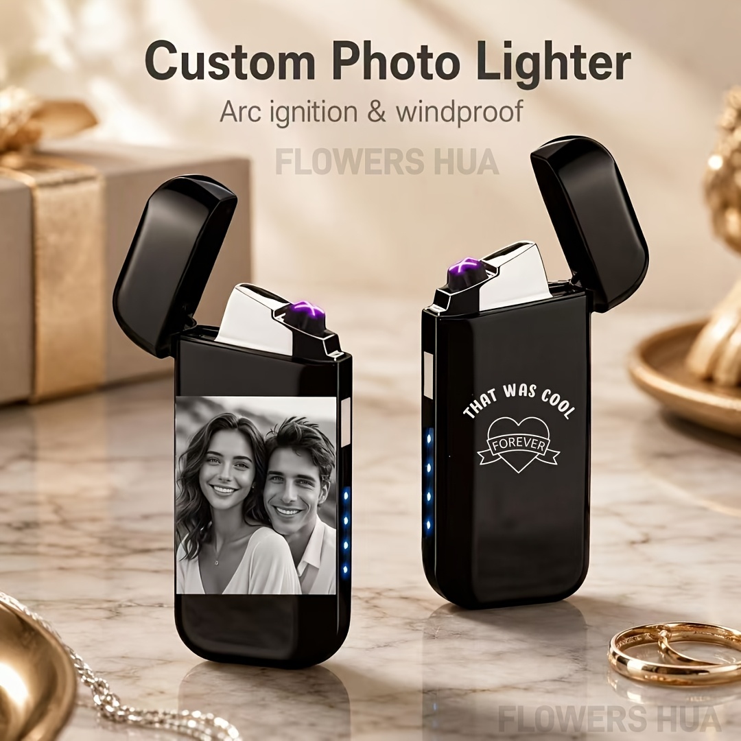TEMU Briquet Électronique USB Rechargeable Personnalisé avec Photo, Double Arc -Vent et Laser - Cadeau Idéal pour la /Noël ou Anniversaire Homme