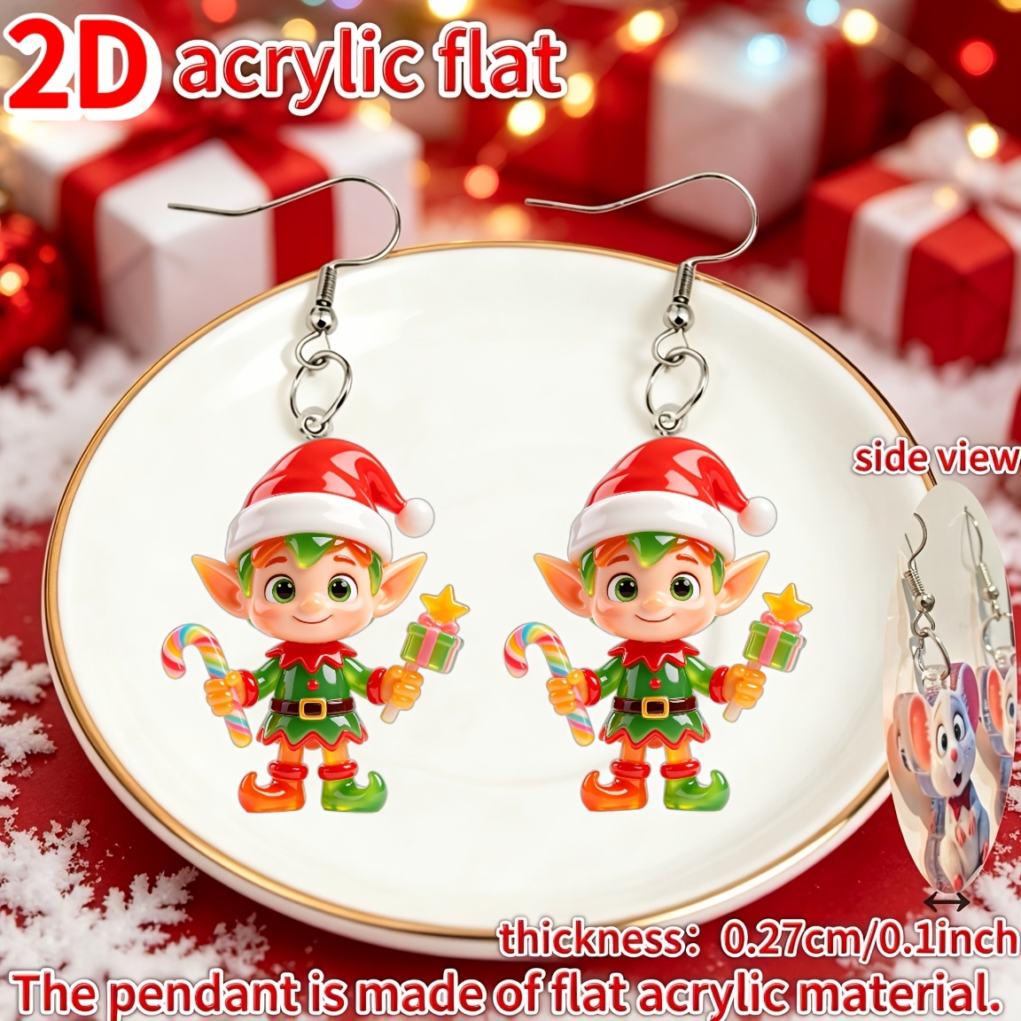 2D Flat Christmas Elf Acrylic Earrings, Cute Girly Style