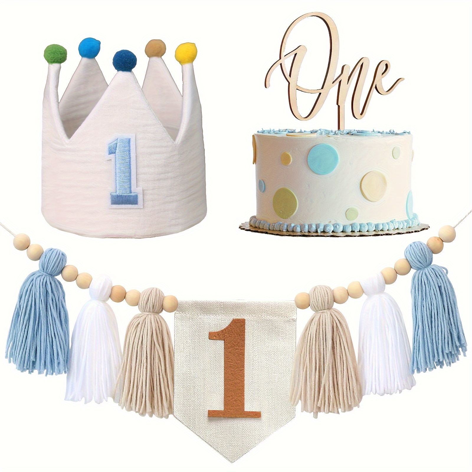 

Blue Tassel Highchair Birthday Banner Set With Handmade Fabric Crown And 'one' Cake Topper - Perfect For First Birthday Party Decorations And Photo Props, No Electricity Required
