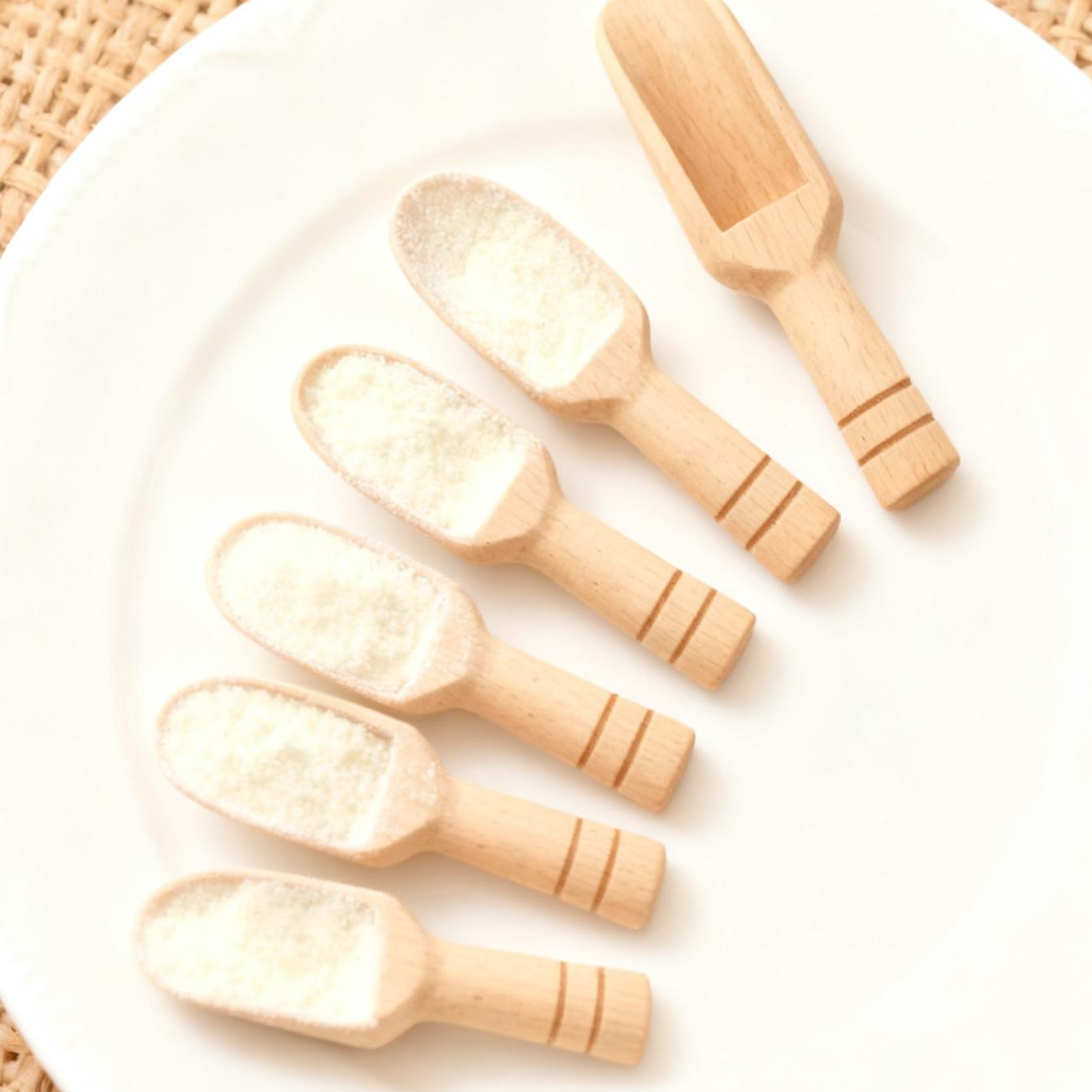 Image of A Set Of 7 Measuring Spoons Made Of Solid Wood, Perfect For Nutrition Powder, Coffee, Tea, Instant Mixes, And Seasonings. From Wood, Handcrafted Spoons Are Smooth And Free Of