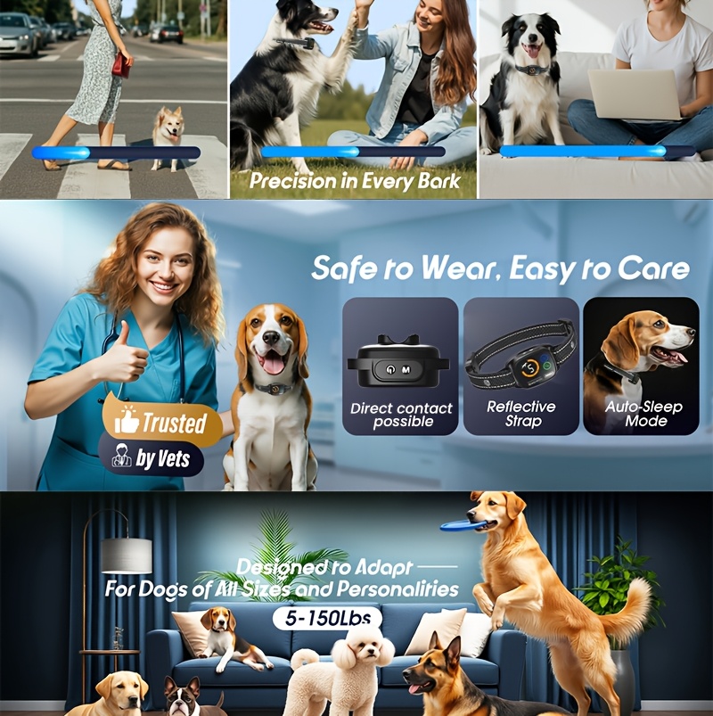 Dog Bark Collar Smart No Shock Training Collar for Medium Large Dogs, 6 Sensitivity Levels, Beep And Vibration Modes, Automatic Bark Detection, Rechargeable Humane Dog Training Device, Safe Behavior Correction Collar for Indoor Outdoor Use