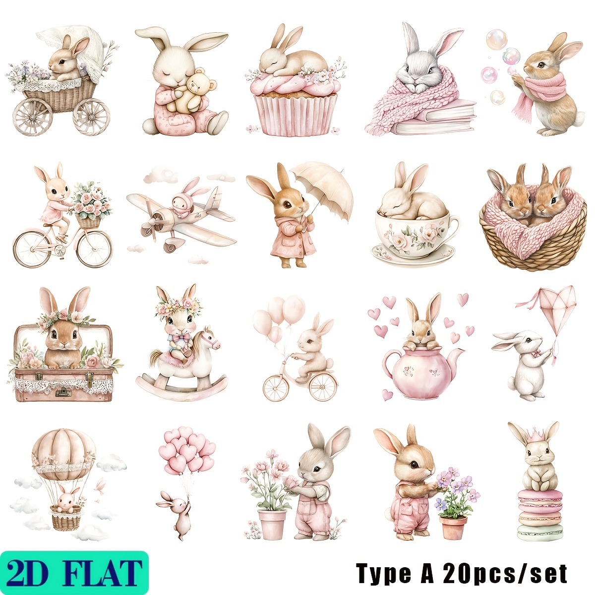 Image of 20pcs/set Handmade Creative Retro Cute Rabbit Play Series, 2d Flat Stickers, Suitable For Trash Diaries, Notebooks, Scrapbooks, Cutting Albums Stickers