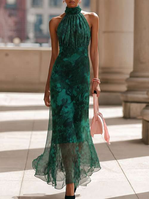 womens halter neck chiffon long dress elegant sleeveless waist cinched flared skirt banquet and vacation dress with a flowing and ethereal drape