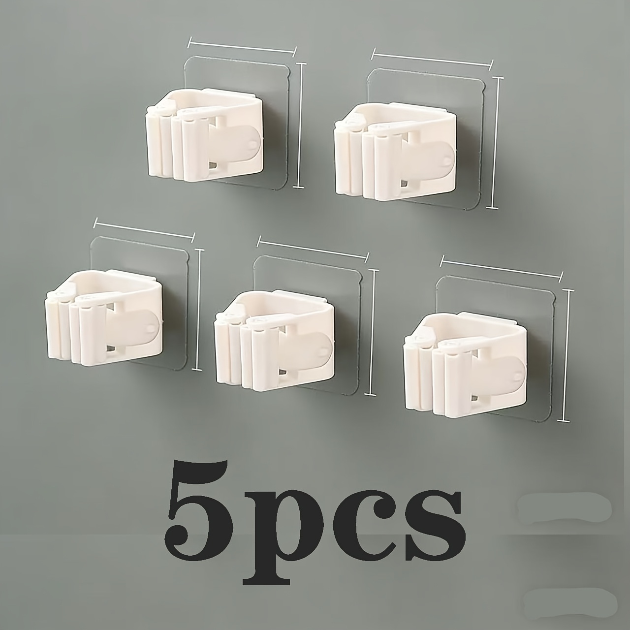 TEMU 5pcs Easy-to-install No-drill Mop And Broom Holder, Durable Adhesive Wall-mounted Storage Hooks, Suitable For Organizing Bathrooms And