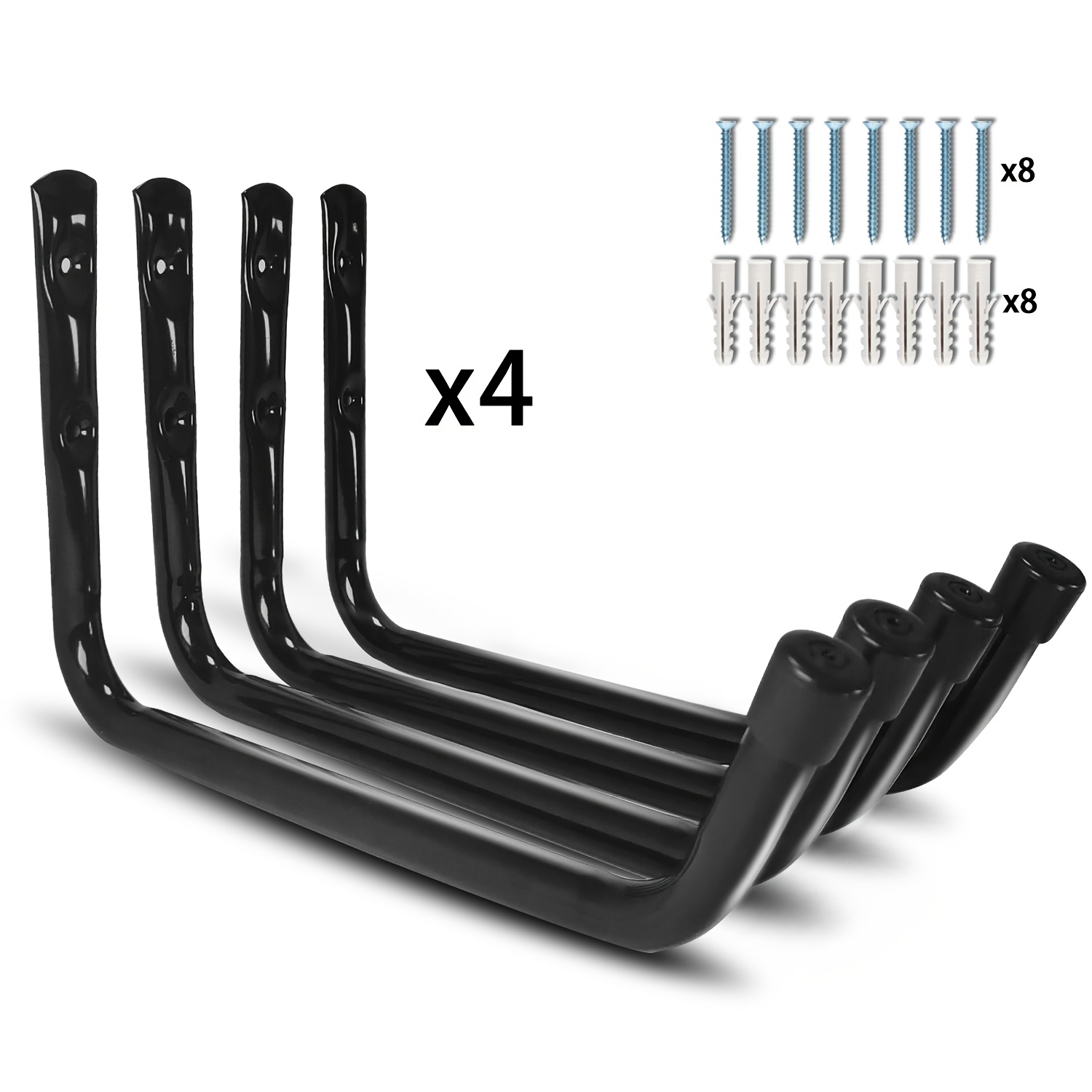 Image of Set Of 4 Garage Hooks Made Of Steel, Designed For Wall Mounting To Help Organize Garden Tools, Ladders, Large Items, Bicycles, Ropes, And Other Equipment