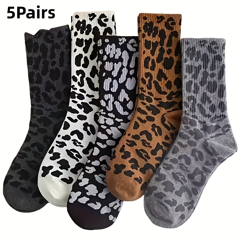 TEMU 5-pack/6-pack/9-pack Women's Fashion Leopard Print Mid-calf Socks