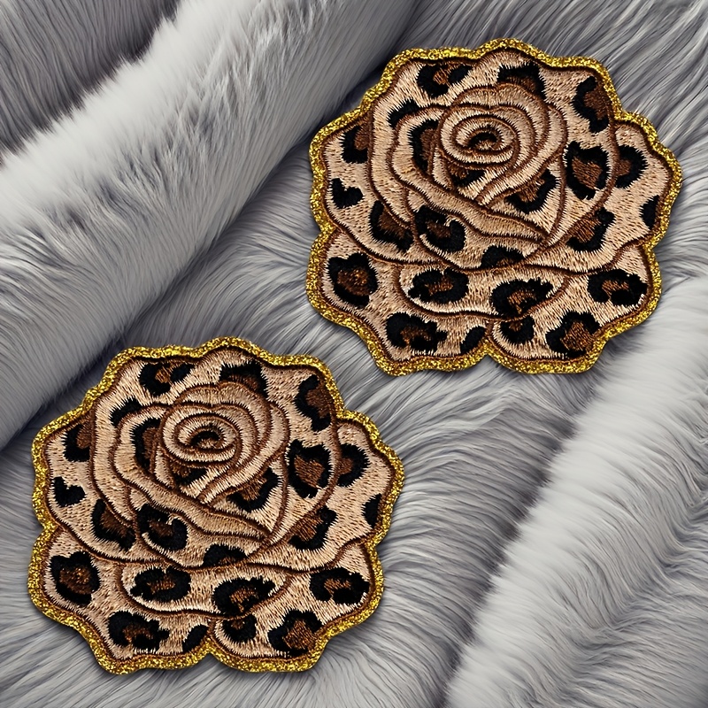 TEMU 2 Vintage Golden Glitter Leopard Print Rose Embroidery Patches, Featuring Wild Aesthetic Leopard Print Embroidery For Clothing Embellishments,
