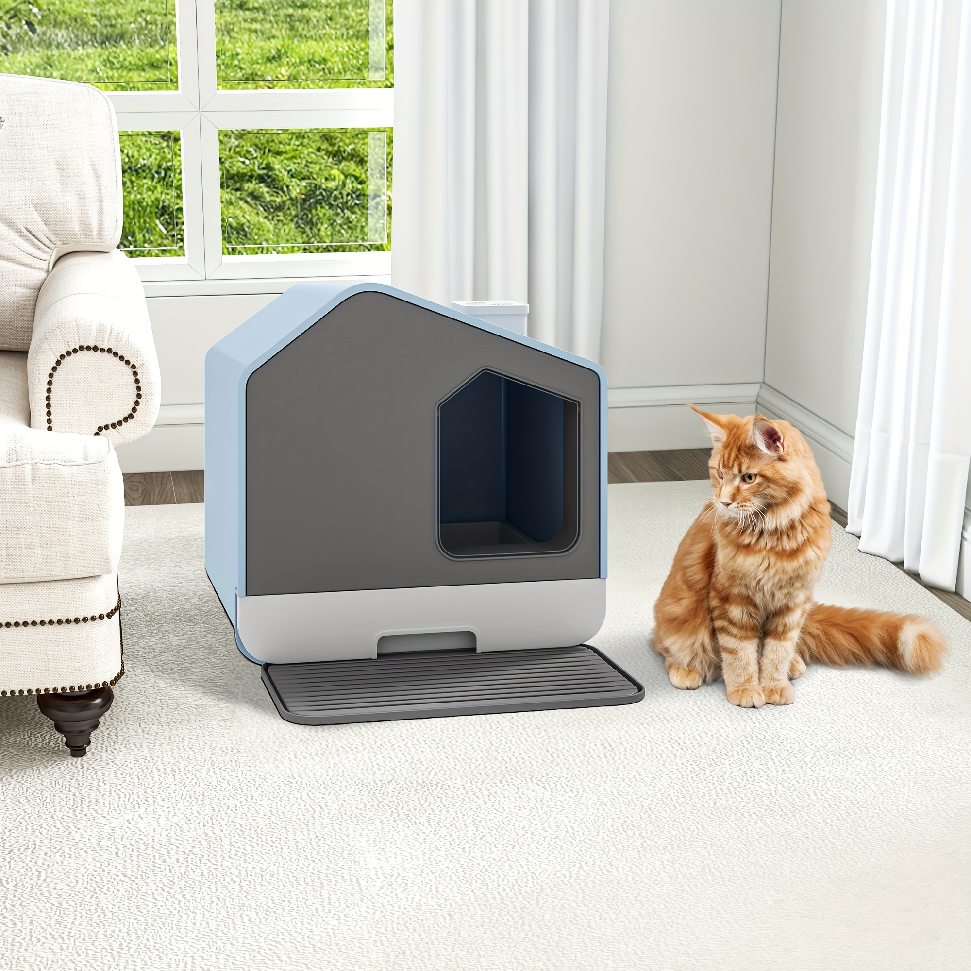 

Cat Litter Box With Lid, Hut Design, Enclosed Large Cat Litter Tray With Hood, Toilet With Drawer Pan Litter Litter Mat Deodorizer Filter, High Sided Cat Litter House, Grey