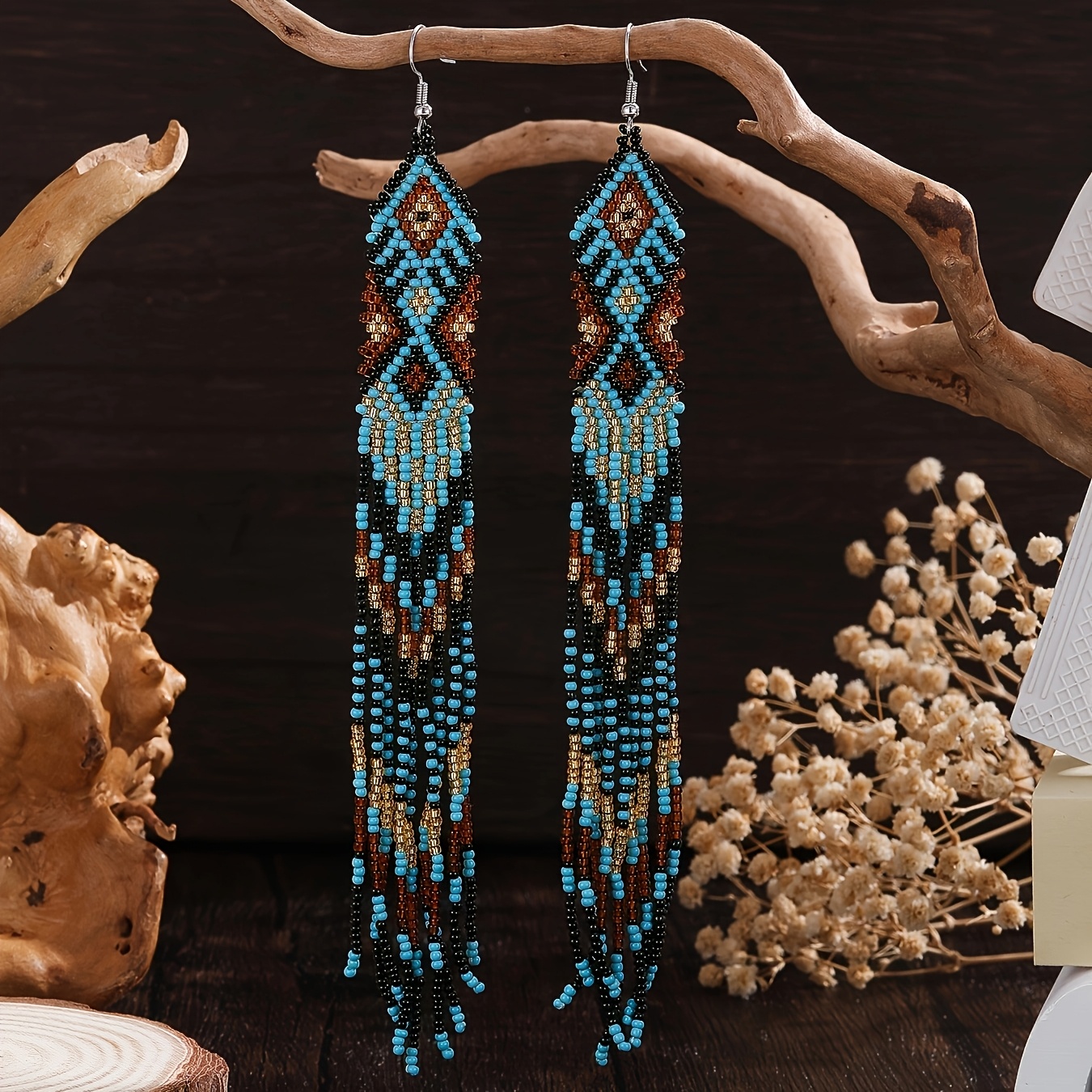 TEMU SOUL BEADING Bijoux Vintage Bohème Boucles d'Oreilles à Perles, Géométrique Bleu, Longues Franges Pendantes, Perles de Verre Tissées à ,