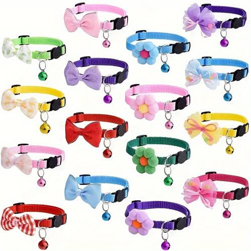 16pcs adjustable nylon cat collars with bells striped pattern breakaway safety design cute bowtie style for cats small dogs perfect gift set