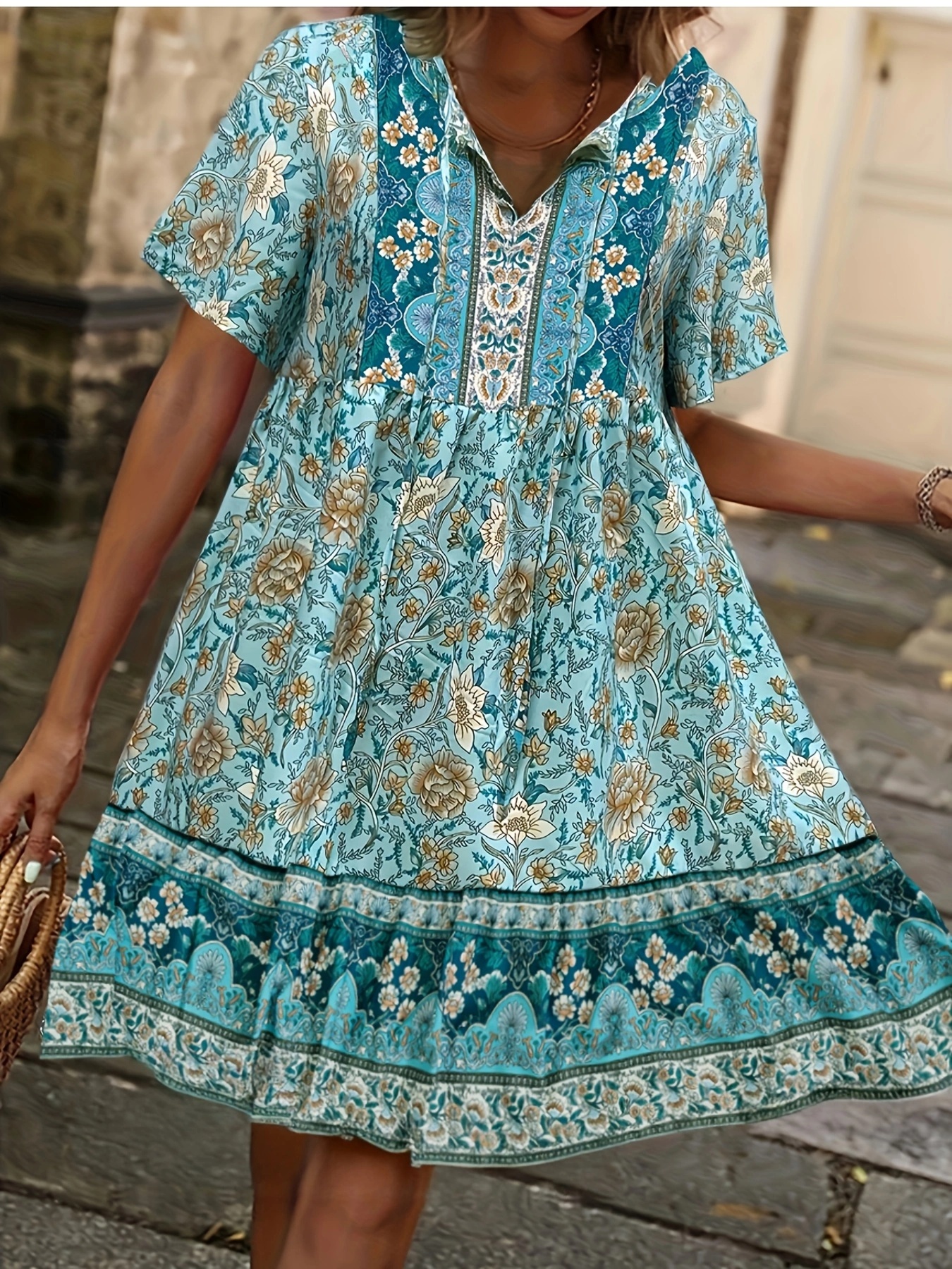 Formal Dress Amethyst Keyhole Smock Dress Bohemian Dresses For Women  Women's Boho Floral Smock Dress V-