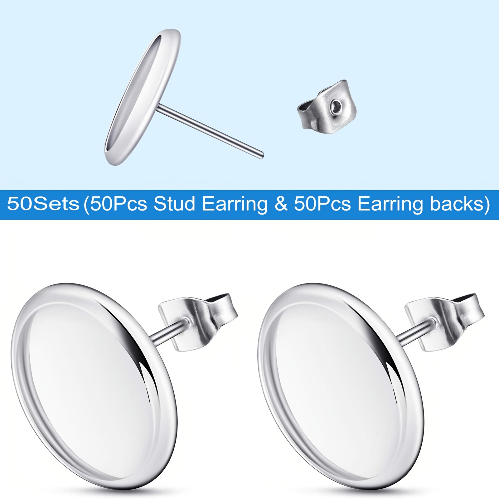 TEMU 2d Flat, 20sets/50sets 12mm Stainless Steel Stud Earring Flat Round Bezel Earring Earring Blank Trays Cabochon Earring Setting For Diy Earring