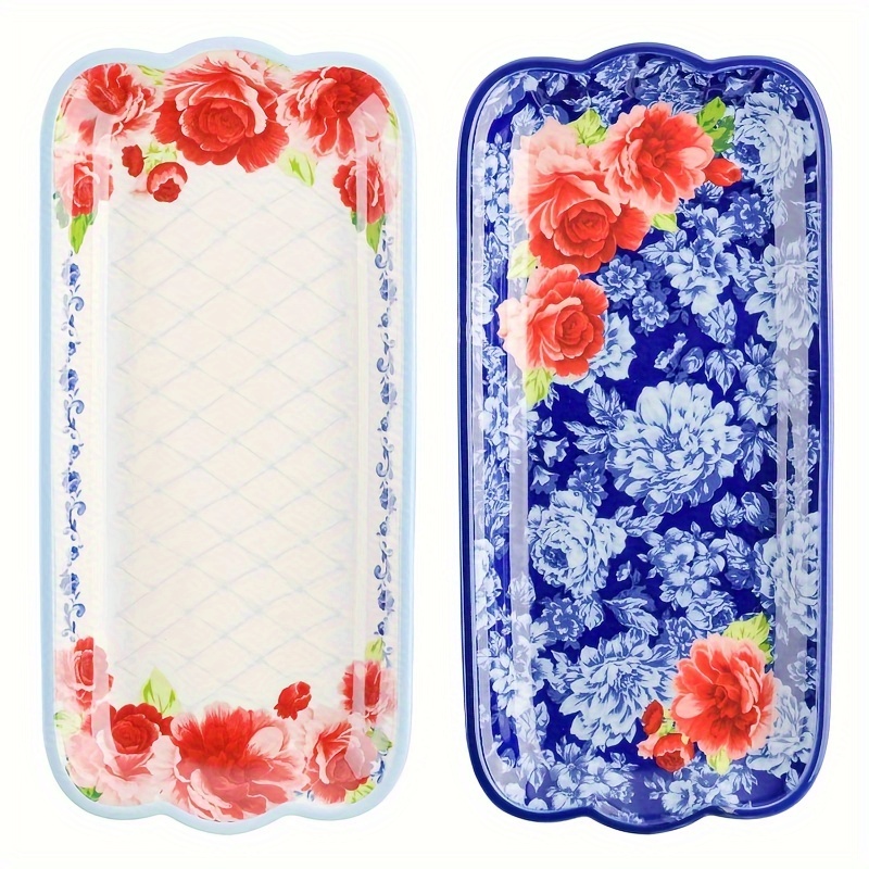 

2pcs Stoneware Serving Platters With Floral Design - Home Decor - Durable And Dishwasher Safe