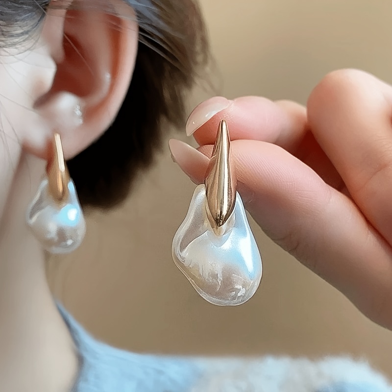 TEMU 1 Paire de Boucles d'Oreilles Vintage pour Femmes, Mode Niche Française, Acier Inoxydable 304, Incrustation de Perle, Géométriques, Baroques,