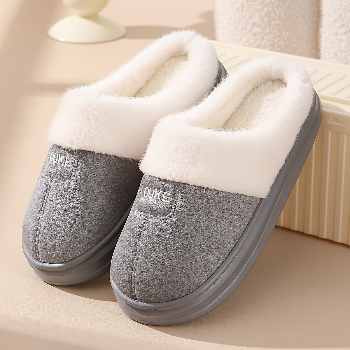 TEMU New Autumn/winter Women's Slippers, Anti-slip And Wear-resistant Couple's Style, Simple Indoor Home Slippers With Plush Lining For