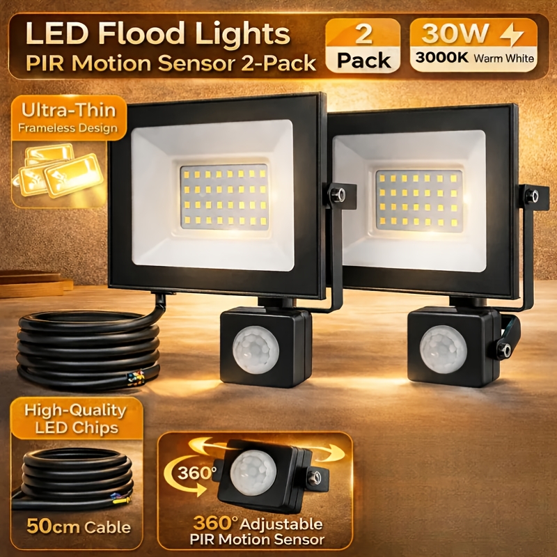 2-pack 30w Frameless Led Sensor Floodlight | 3000k Warm White, 360° Rotating Pir Motion Sensor, 120° Wide Angle For Garage & Workshop, 50cm Cable, Aluminum Construction
