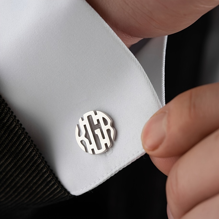 

Elegant Personalized Round Interlocking Monogram Cufflinks, Custom 1-, Stainless Steel White Golden , Men's Suit Shirt Accessory For Wedding Business Jewelry, Gift For Boyfriend - Pair