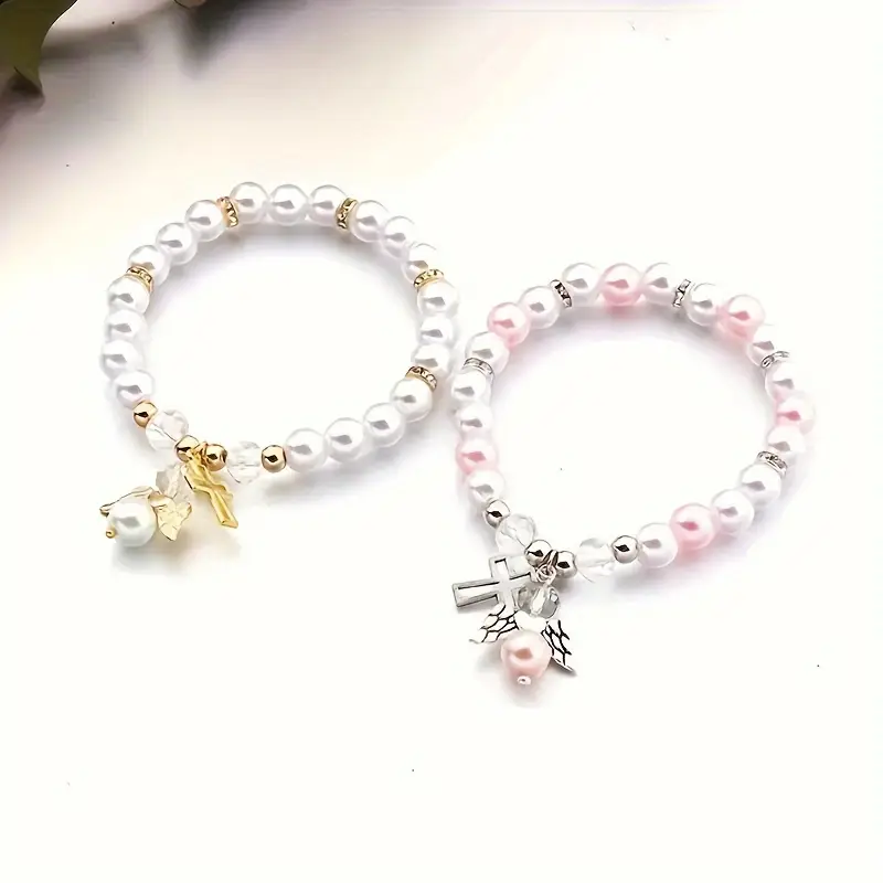 elegant pink and angel charm bracelets perfect gift for women alloy beaded jewelry for casual attire details 1