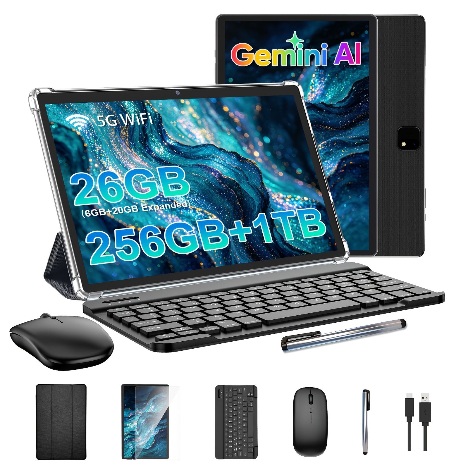 Image of 15, 26(6+20)gb + 256gb Rom, Tablet With Keyboard, 6000mah, 10.1 Inch, 5mp+8mp Dual Camera, Pad Case With Wireless Mouse, Stylus, For Office, Study, Entertainment, Gaming, Gift