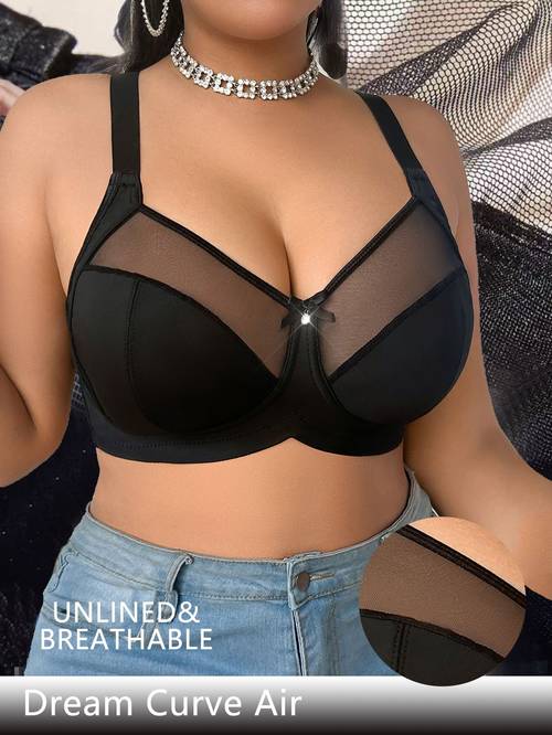1pc Plus Size Women's Elegant Lace Patchwork Bra - Full-Coverage Steel Rim Support Compatible for Underneath (No Padding), Machine-Washable Sleep Top & Everyday Bra, No Under Clothing