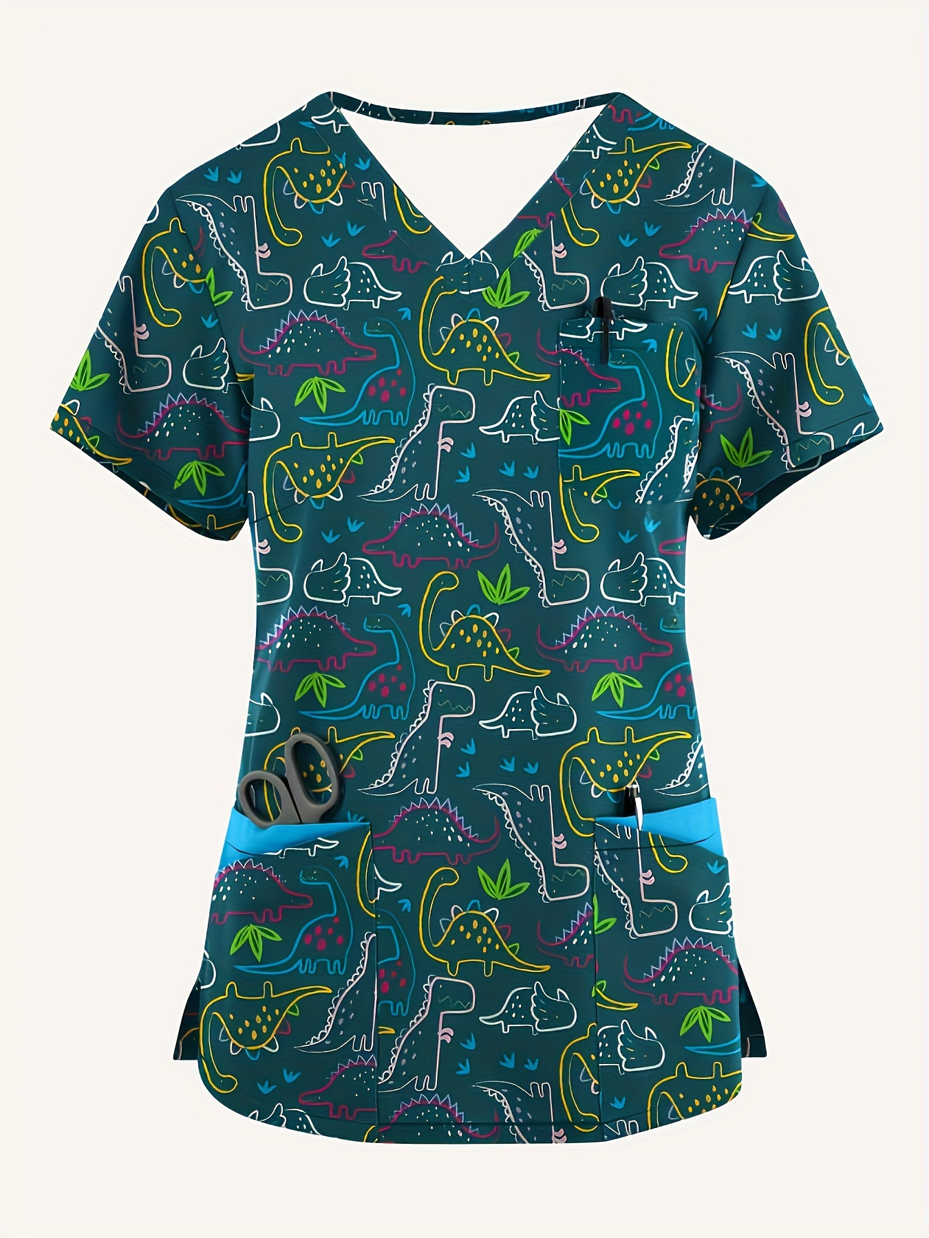 Kartoon Dinozor Desenli Kısa Kollu Esnek Cerrahi Üst, Hem Rahat Hem de Fonksiyonel Hemşireler İçin Sağlık Kıyafeti, Kadın Giyim