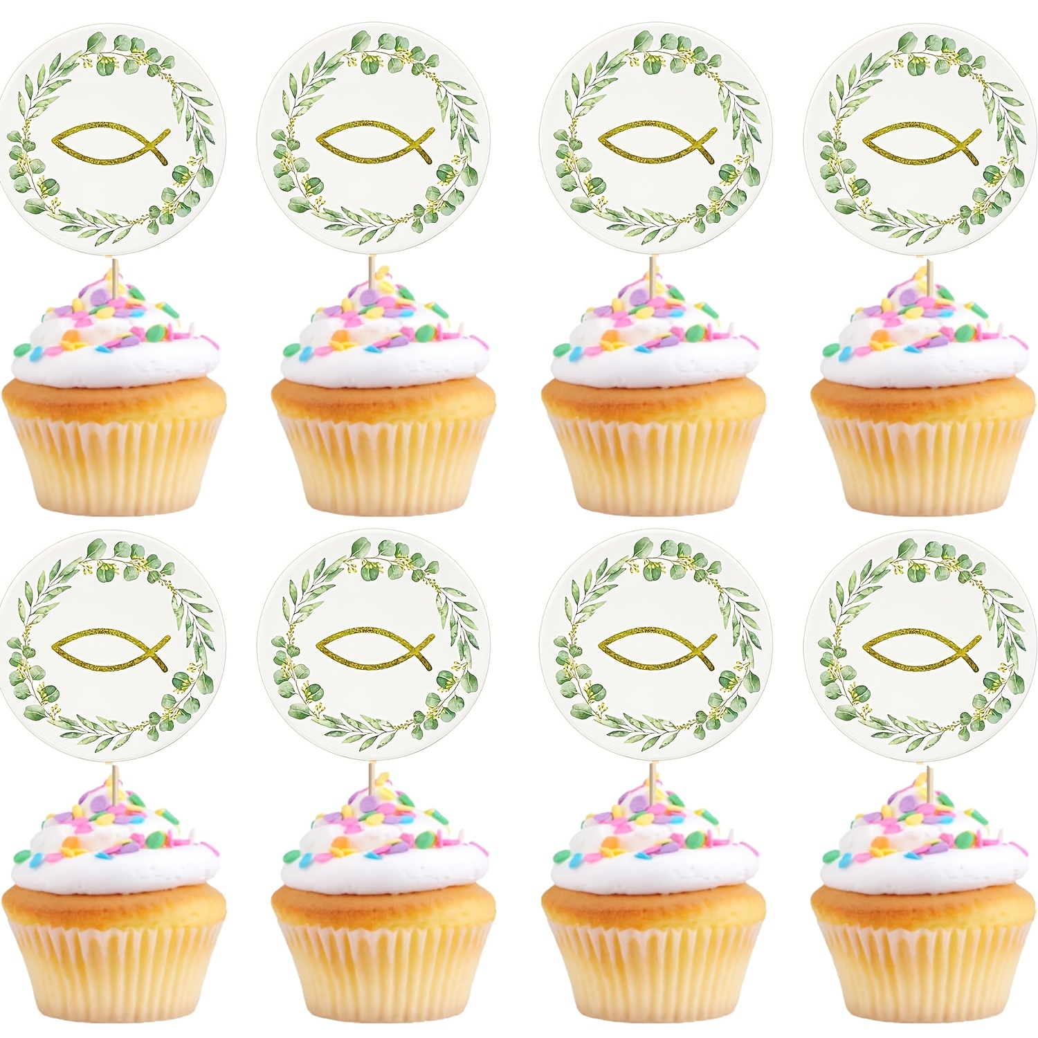 Image of 48pcs Wood Cupcake Toppers Compatible For Baptism & First Communion - Religious Cupcake Picks With Baby Shower Birthday Cake Decorations, Church Party Supplies