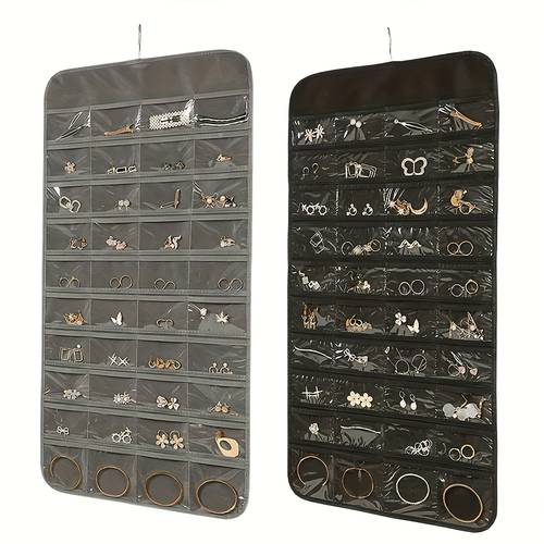 item picture 1pc 80 pockets large double sided hanging jewelry display organizer storage bag non woven foldable ring necklace bracelet pouch