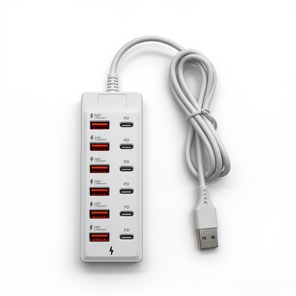TEMU Multipresa a 12 porte con ricarica rapida, 6 porte USB-A, 6 porte Type-C PD, cavo di prolunga da 37.4 pollici, stazione di ricarica compatta per